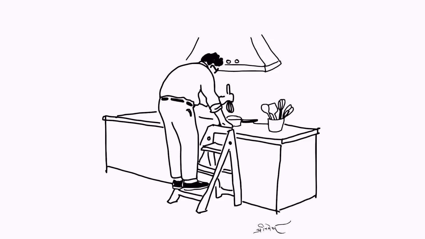 A man using a stepstool to reach his stove even when he can clearly access it without one.