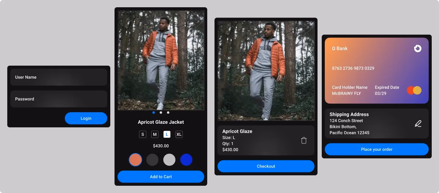 Four interface screens in sequence (Login, Add to cart under a model in an orange jacket, Checkout confirmation, and Place-your-order payment) showing the same button primitive serving different call-to-action contexts.