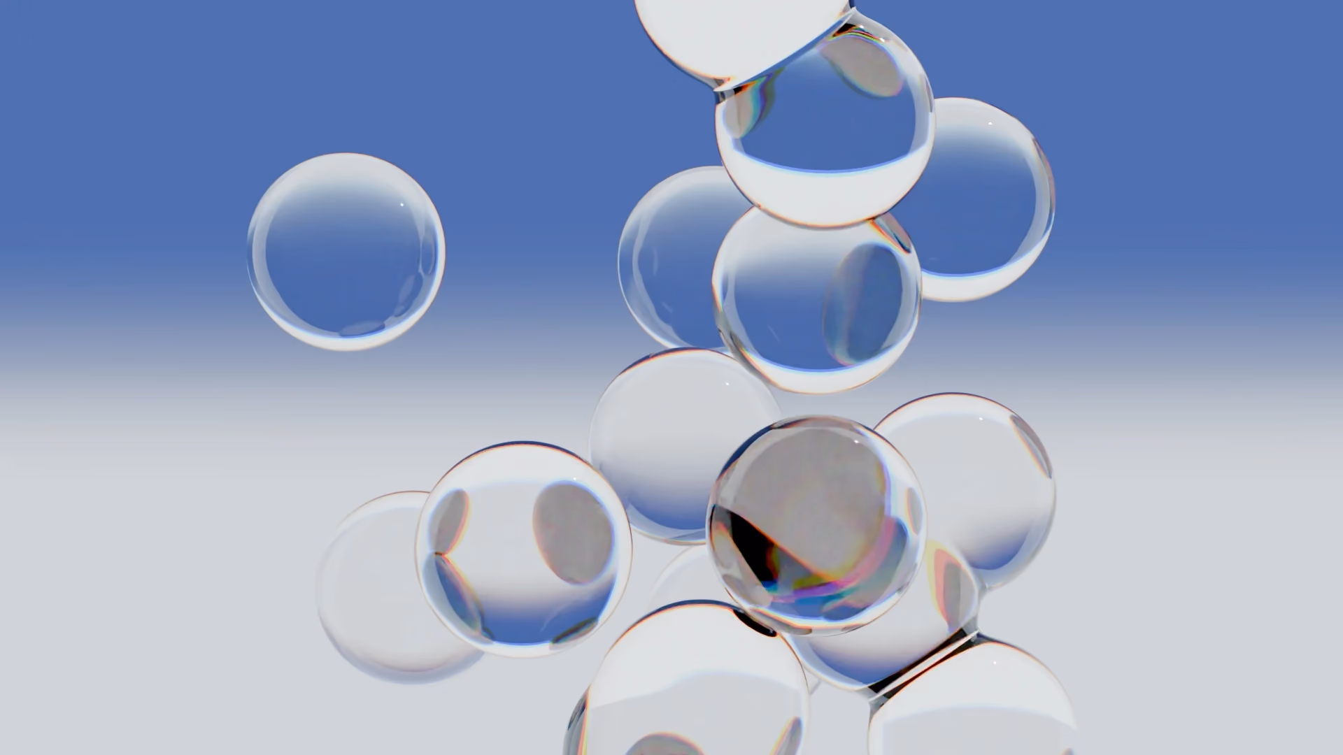 A loose cluster of clear glass spheres drifts and settles against a blue-to-white gradient, their edges refracting light into faint chromatic rainbows, an abstract figure for tools whose surface stays transparent while their internal state remains hard to read.