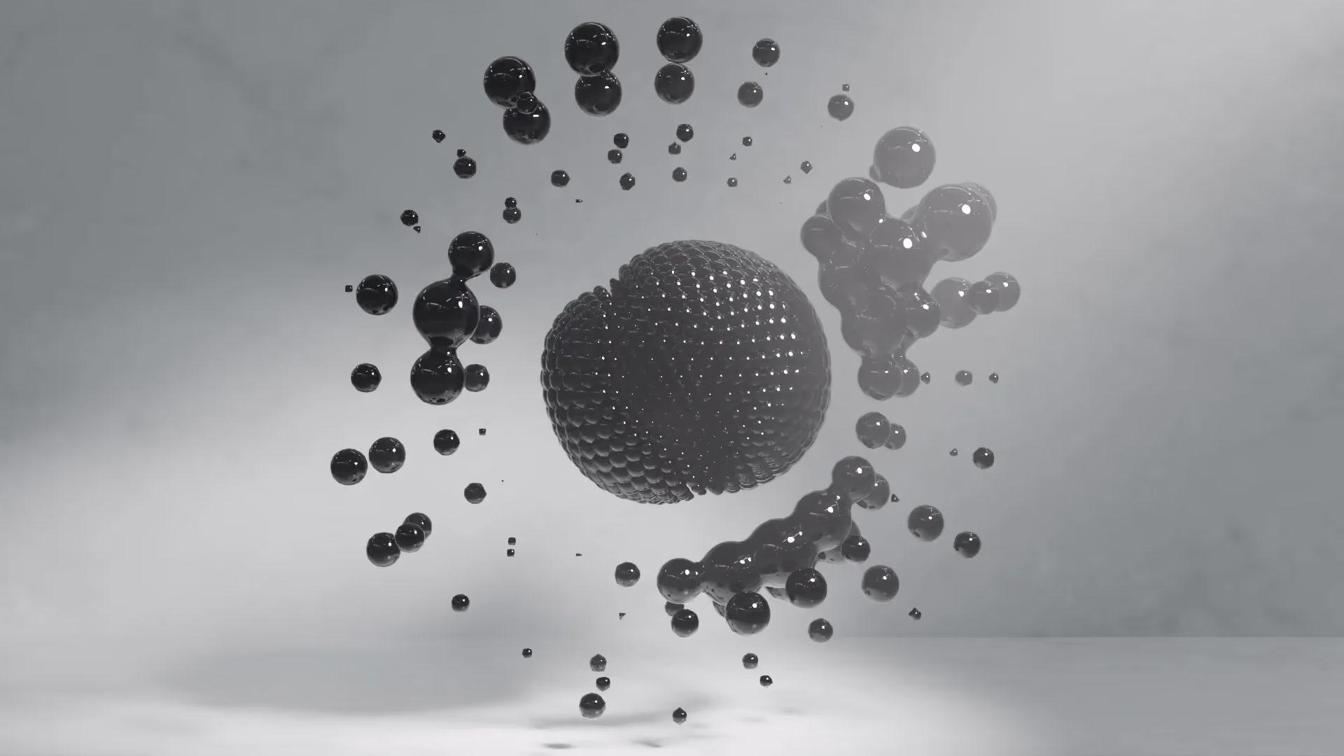 Clusters of dark spheres orbit a hex-tessellated core in a diffuse grey chamber, an abstract visual for the unpredictable dynamics and opaque internal state of large language models.